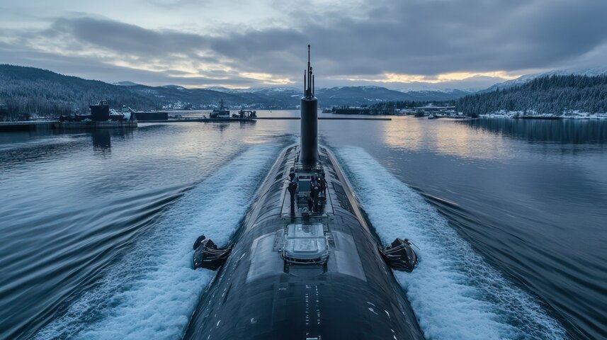 Defence A submarine navigating through calm waters with a cloudy sky in the background.